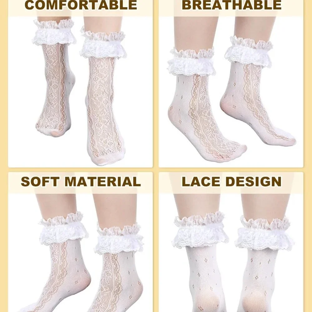 4 Pairs Women's Lace Ankle Socks Ruffle Frilly Mesh for Women - Picture 6 of 7